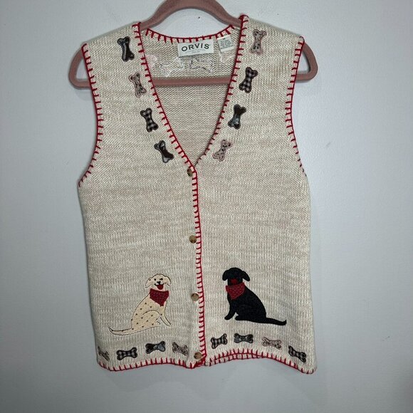 Orvis Puppy And Bones Cotton Knit Vest Size Medium Dog Bones Embroidered - Picture 1 of 10